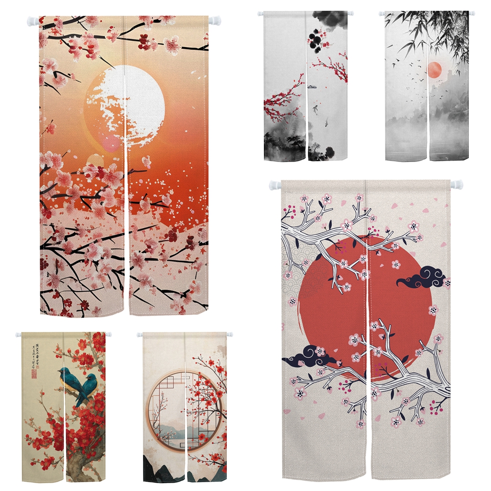 Interior Design Zen Style - Japanese Door Curtain Cherry Blossoms Ink