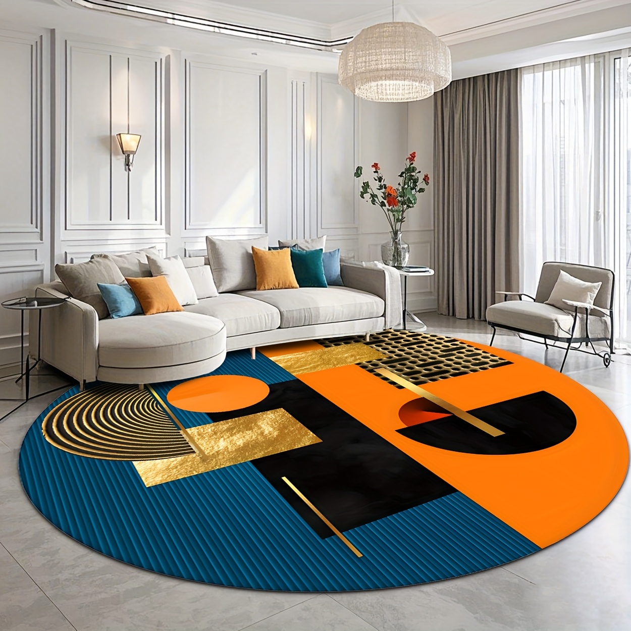 Orange Blue Gold Abstract Geom - Printed Rug Abstract のレビューと価格
